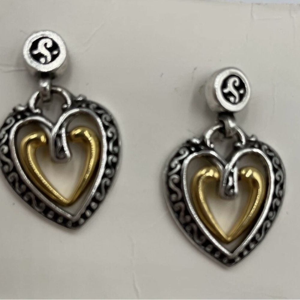 Retired Vintage Brighton Ellington Double Heart Earrings Silver and Gold